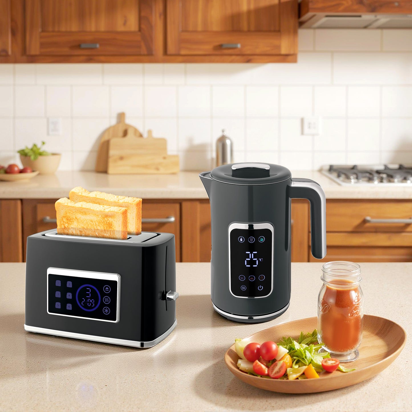 HOMCOM Touch Screen Kettle And Toaster Set In Grey With 3000W Fast Boil 1.7L And Six Temperature Presets Keep Warm