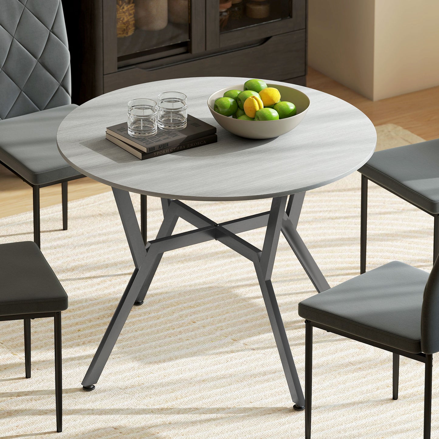 HOMCOM Round Dining Table 90 x 76 cm Grey with Black Metal Legs Anti Slip Foot Pads for Living Room and Dining Room