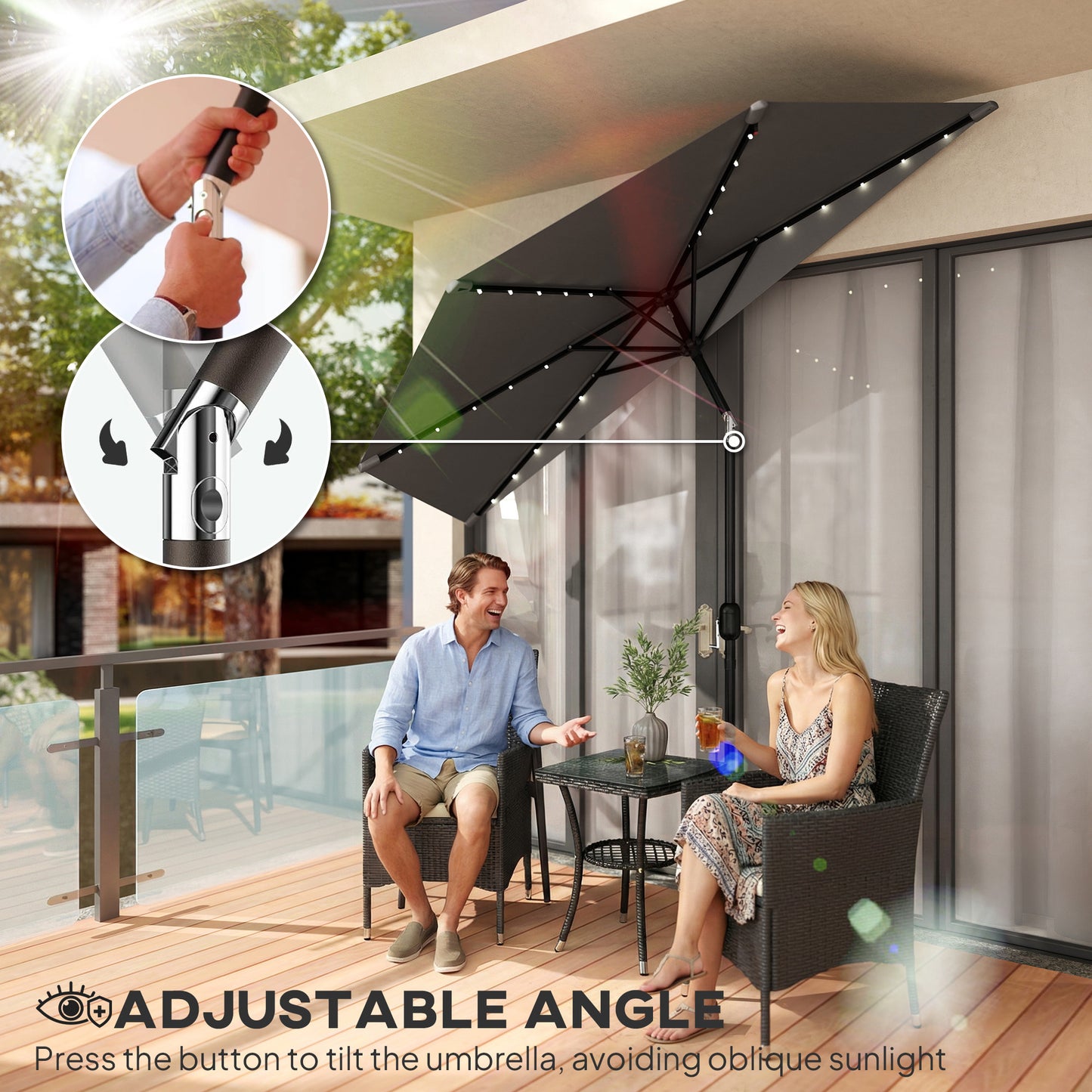 Outsunny 2.6 m Half Garden Parasol Solar LED Lights UPF50 Semi Round Umbrella 30 Degree Tilt Crank Handle Dark Grey