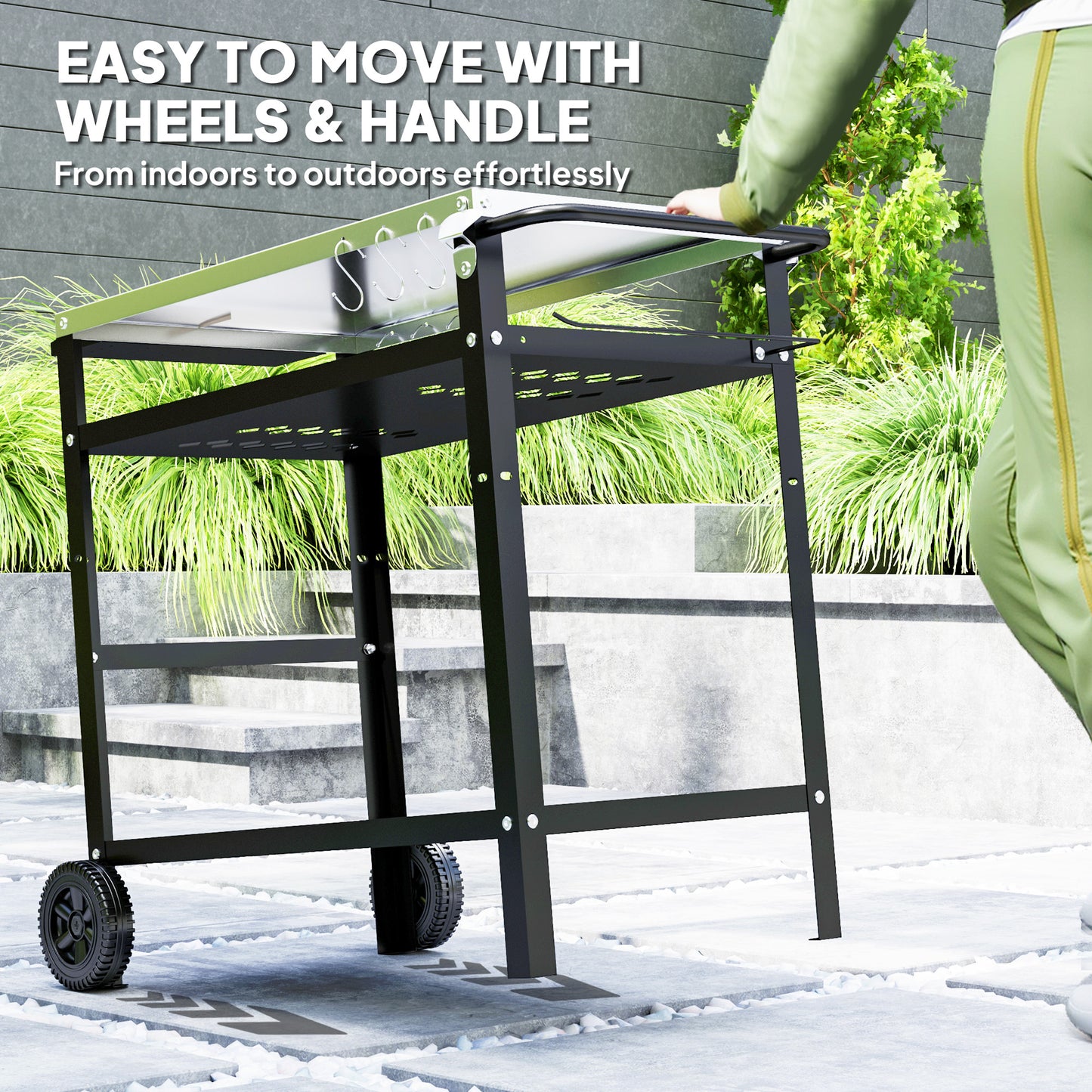 Outsunny Outdoor BBQ Trolley With Stainless Steel Top Adjustable Shelf Movable Grill Cart With Hooks Cover Black