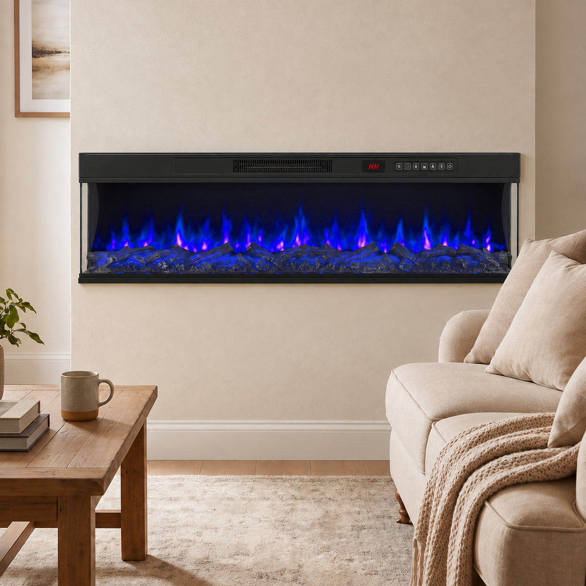 Electric fireplace insert with panoramic blue flames and black front bezel