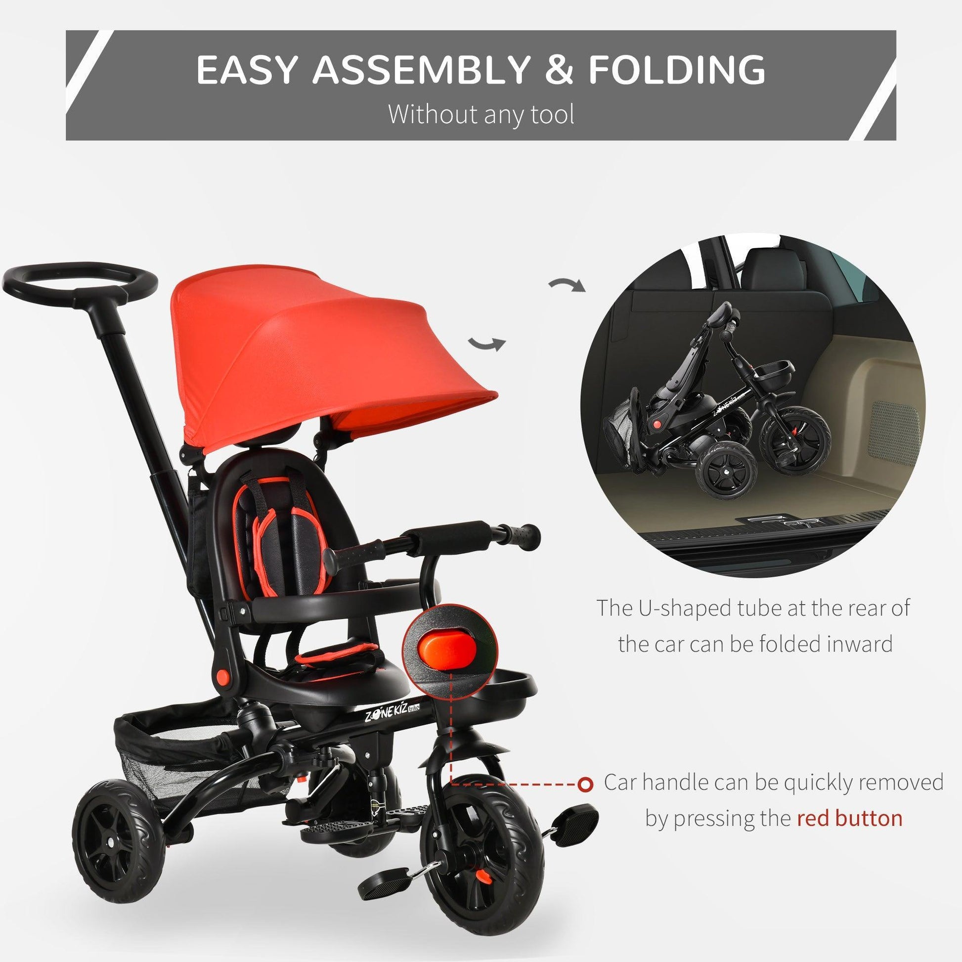 HOMCOM Toddler Tricycle - Foldable 3 Wheels Stroller, Red - ALL4U RETAILER LTD