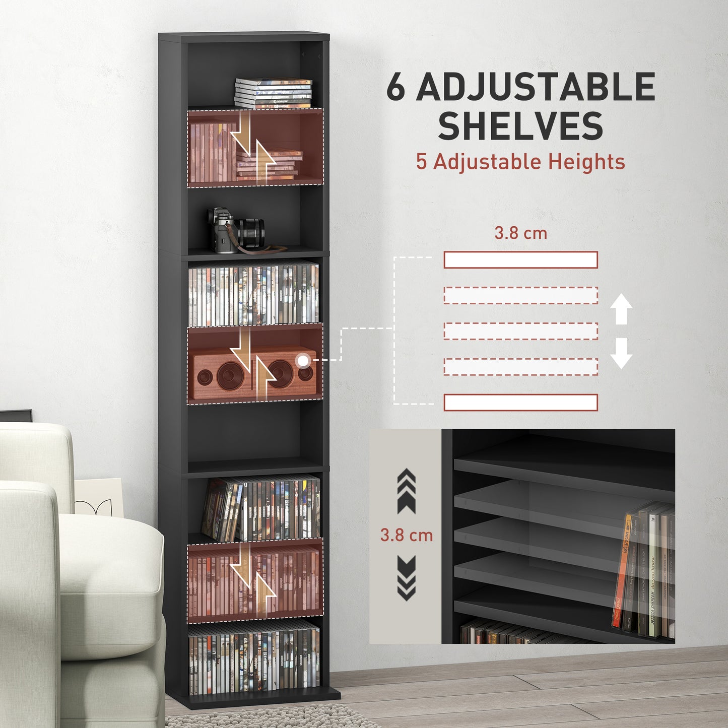 HOMCOM 260 Narrow CD Storage Unit Black With Six Adjustable Shelves Holds 260 CDs or 120 DVDs