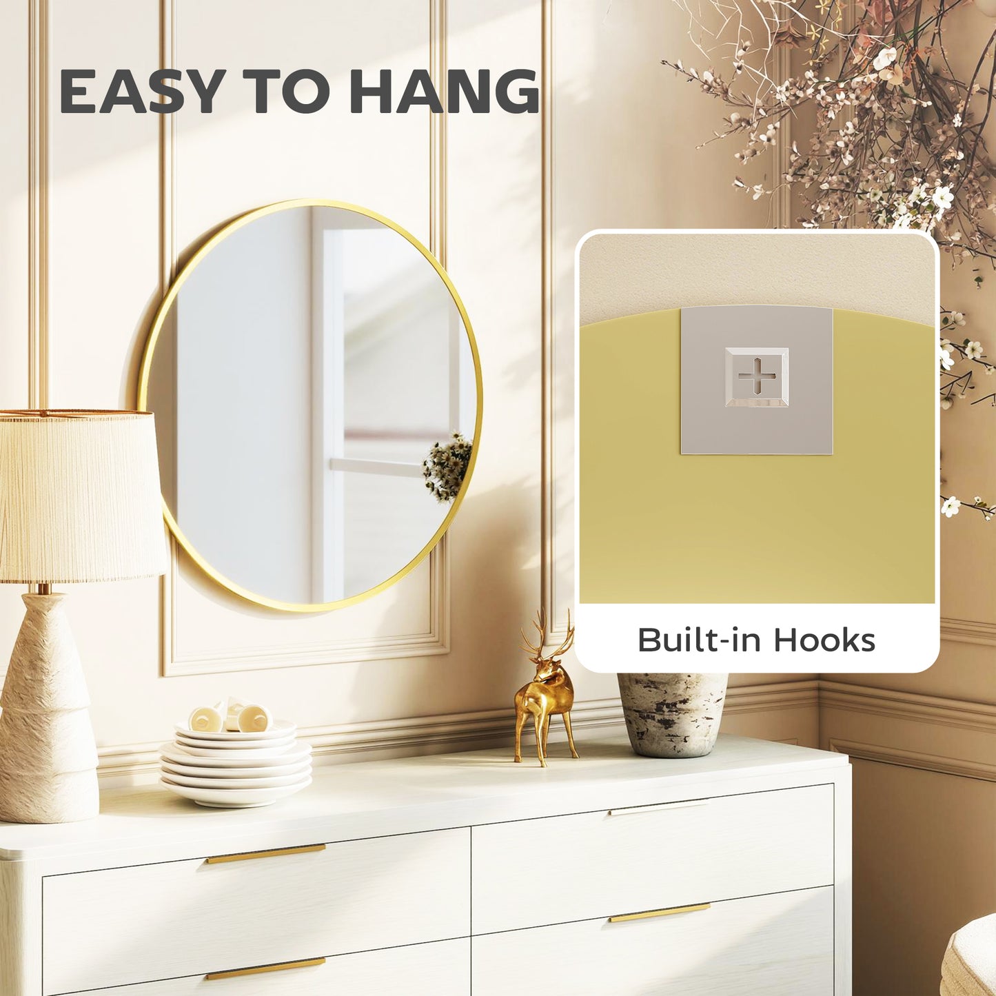 HOMCOM 61cm Decorative Round Wall Mirror For Bedroom Living Room Gold Tone Bathroom Mirror For Home Decor