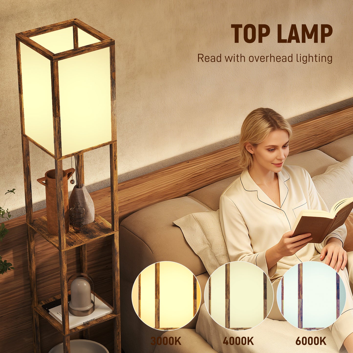 HOMCOM Floor Lamp With Shelves, USB Ports, 3 Colour Temperature, Rustic Brown Standing Lamp