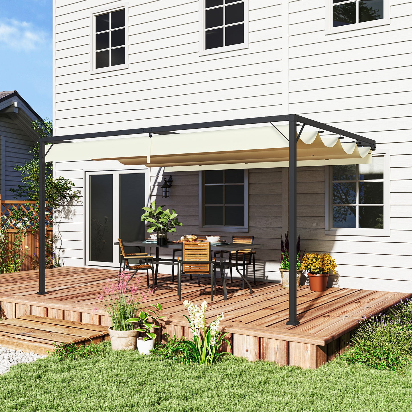 Outsunny 4x3 M Pergola With Sliding Canopy Cream Outdoor Gazebo For Shade And Dining