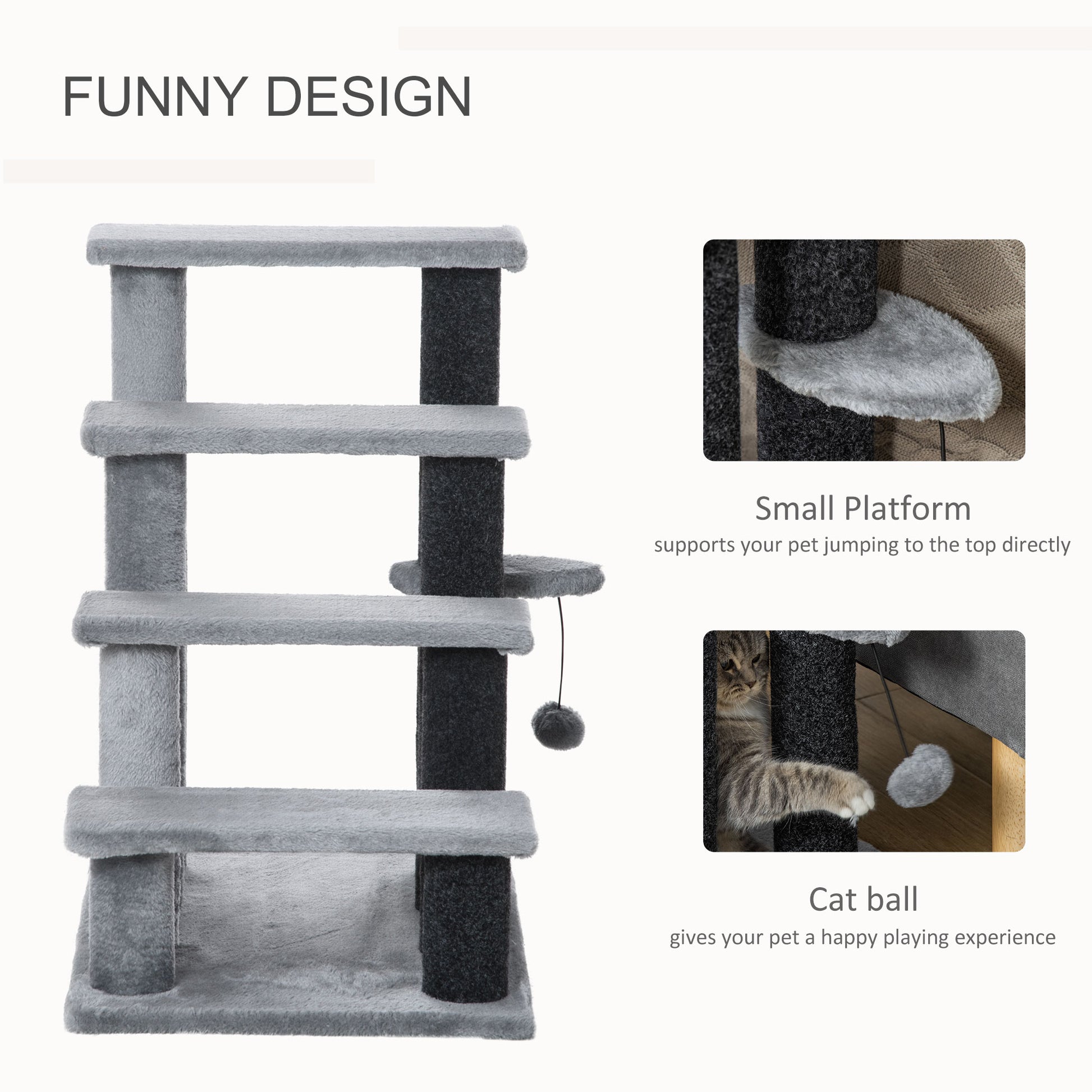 PawHut Multi-Level Grey Cat Stairs with Scratching Posts, Platforms, and Toy Ball - ALL4U RETAILER LTD