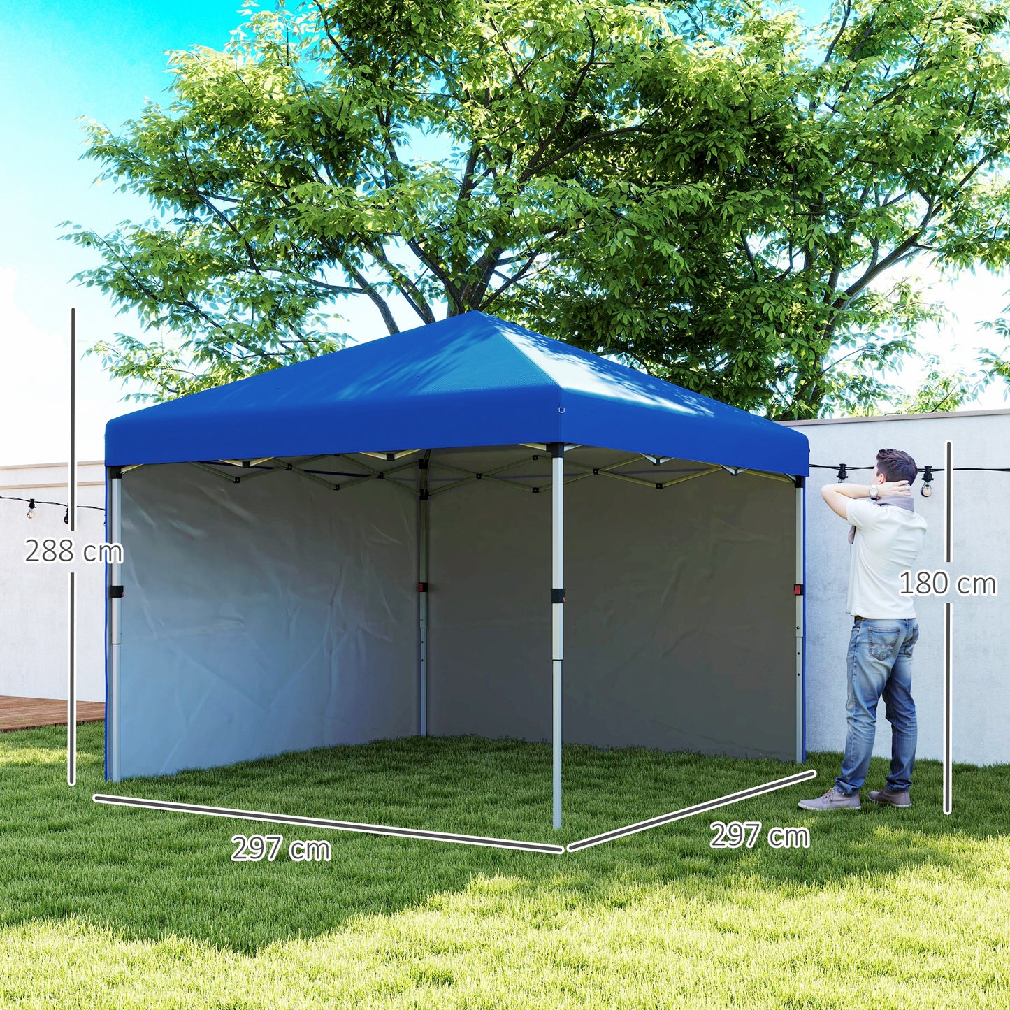 Outsunny 3x3m Pop Up Gazebo With 2 Sidewalls UPF 30 Plus Height Adjustable Party Tent For Garden Patio Blue