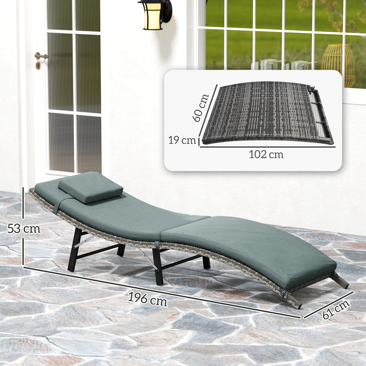 Outsunny Rattan Folding Sun Lounger Outdoor Chair With Cushion And Pillow Mixed Grey Weather Resistant