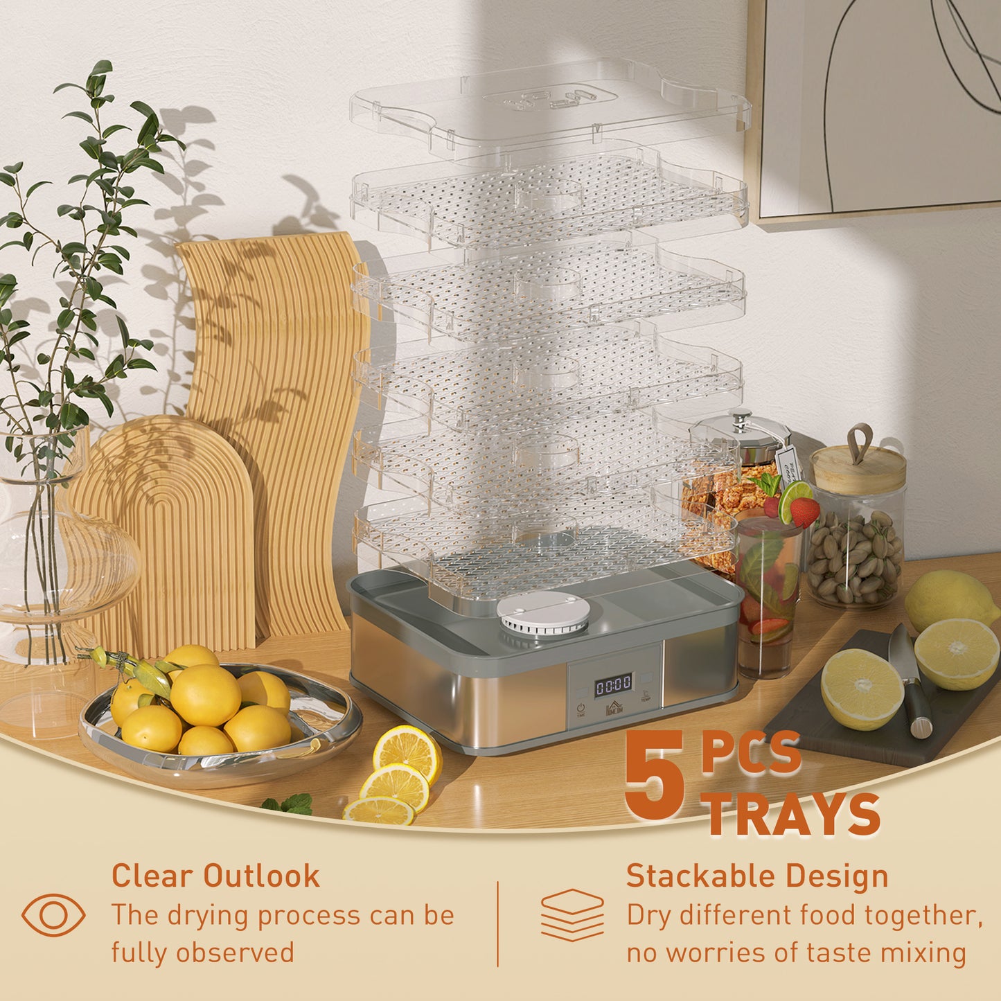 HOMCOM Stainless Steel 5-Tier Food Dehydrator with Adjustable Temperature & Timer - 245W Machine - ALL4U RETAILER LTD