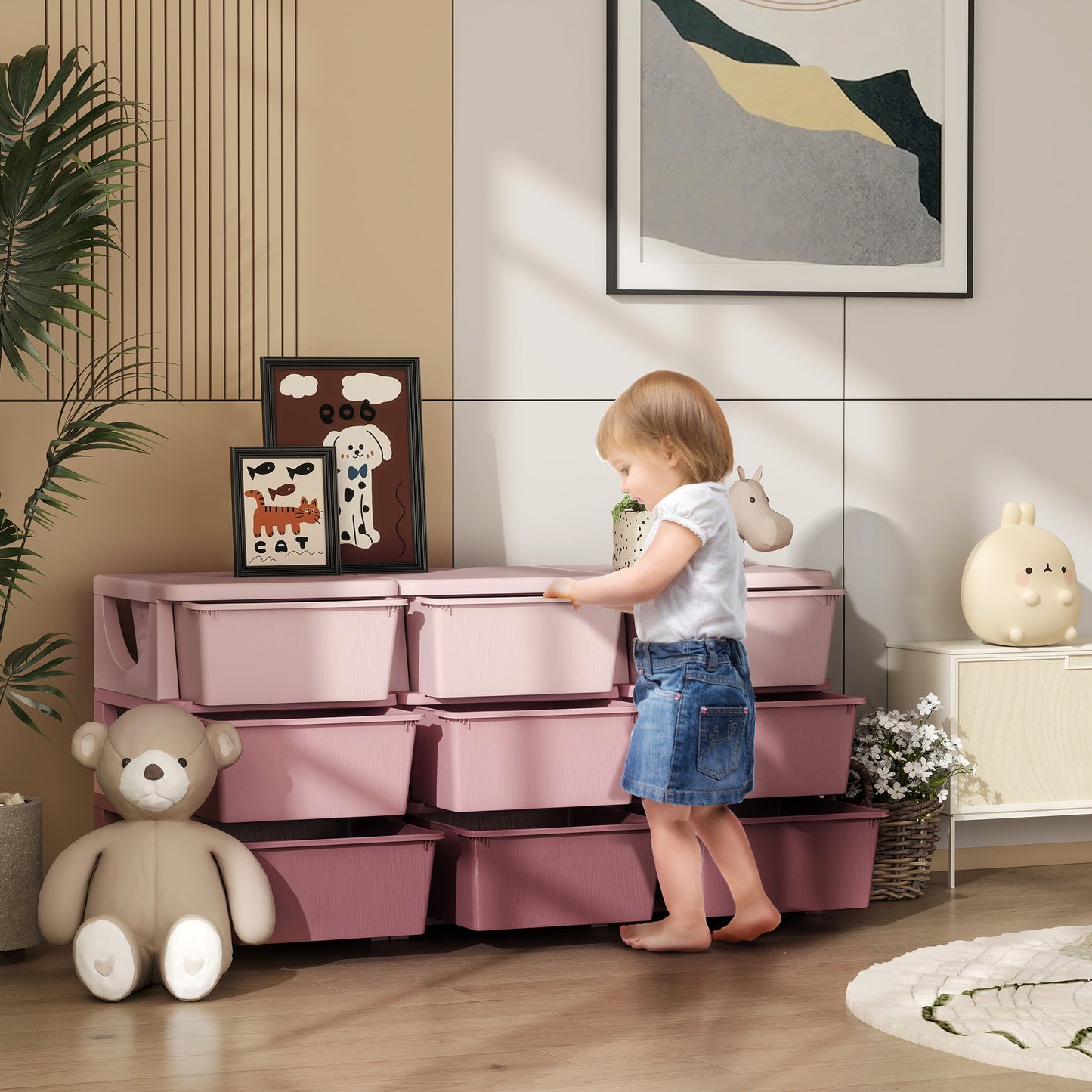 HOMCOM Kids Storage Unit with Nine Drawers Pink Toy Organizer for Toys and Books