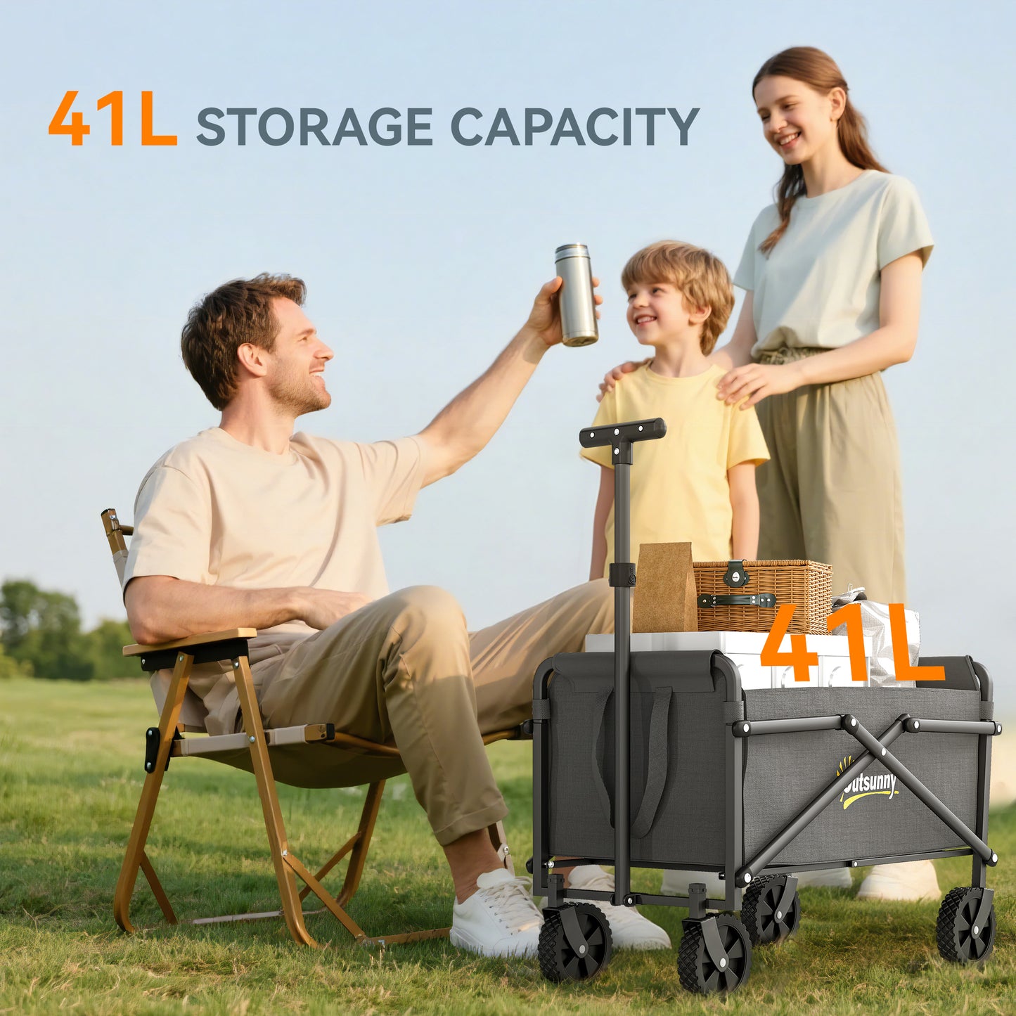 Outsunny 41L Trolley On Wheels, 60kg Heavy Duty Collapsible Folding Wagon With Adjustable Handle And Carry Bag Grey