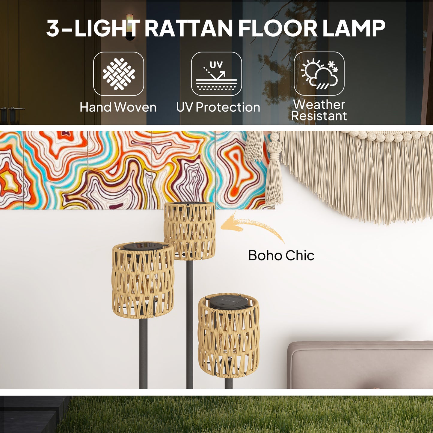 Outsunny Boho Rattan Floor Lamp With Shelf 3 Lights Solar Outdoor Garden Lamp Auto On Off IP44 Waterproof Yellow