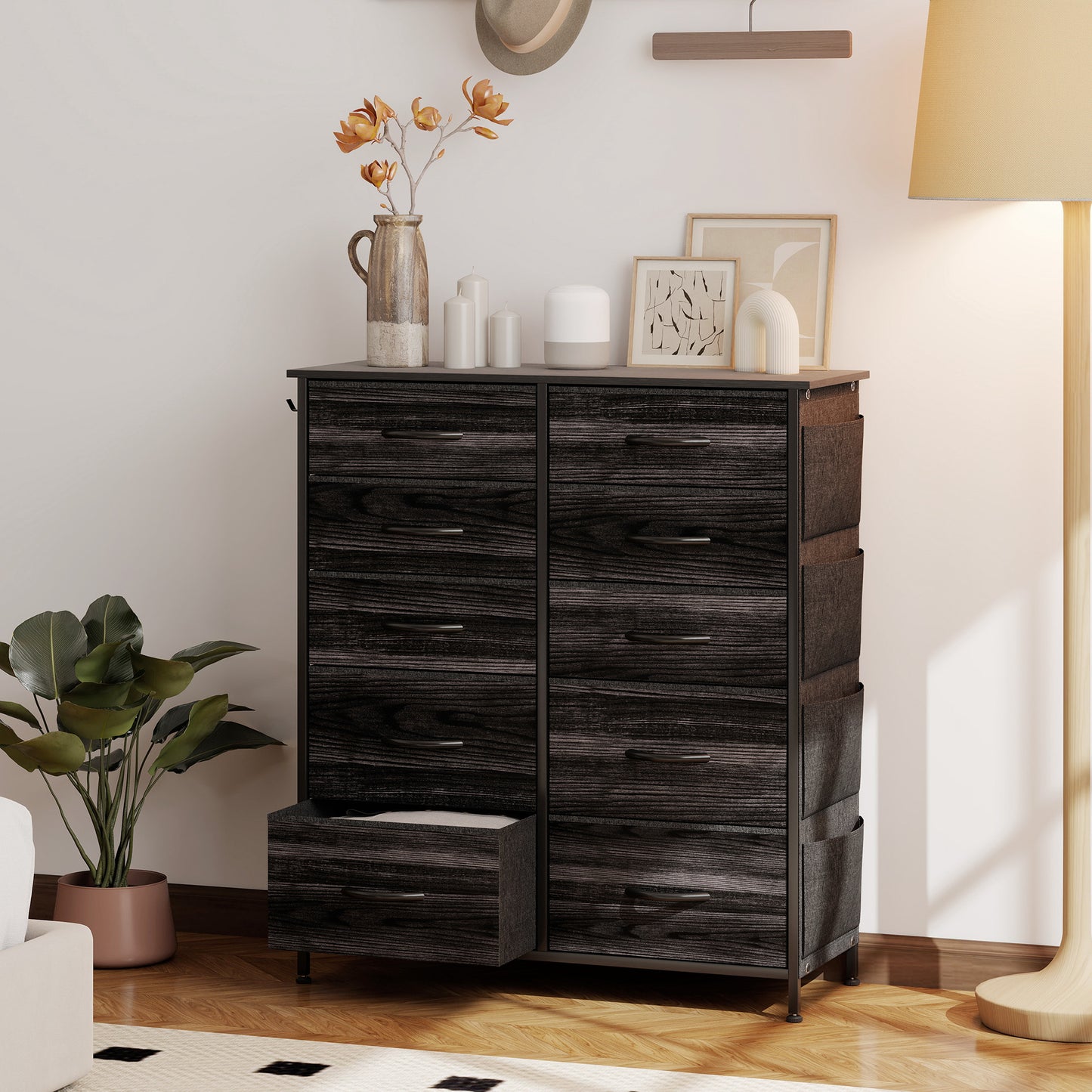 HOMCOM Fabric Chest of Ten Drawers with Steel Frame Black Six Small and Four Large Drawers, Four Pockets and Two Hooks