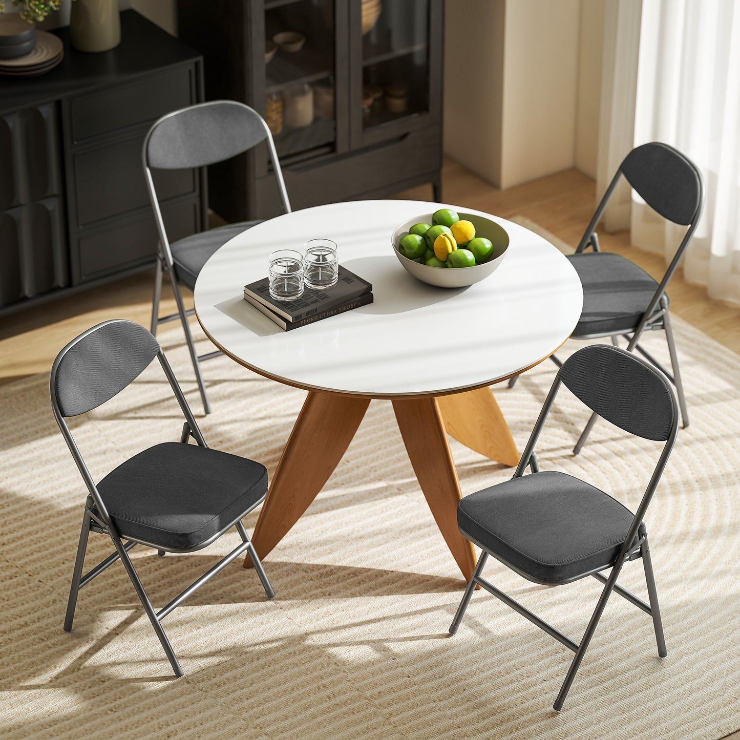 HOMCOM Set of Four Folding Corduroy Seat Chairs Dark Grey With Steel Frame Portable Padded Seating for Dining and Events