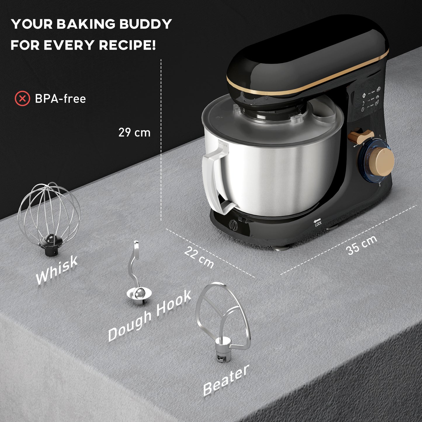HOMCOM 1300W Kitchen Stand Mixer With Stainless Steel Bowl Six Speeds Pulsation Whisk Dough Hook Beater Included Black