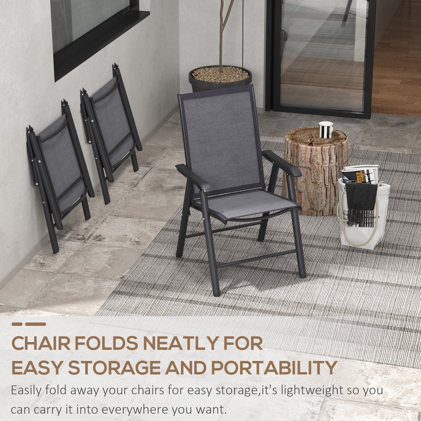 Outsunny Set of 6 Portable Folding Outdoor Chairs with Breathable Mesh Seats - Dark Grey Metal Frame - ALL4U RETAILER LTD