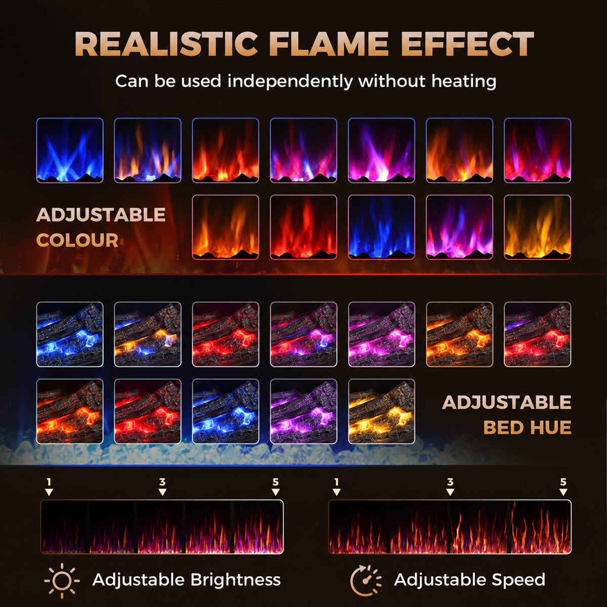 Heated electric fireplace TV stand flame effect color options with adjustable brightness and speed