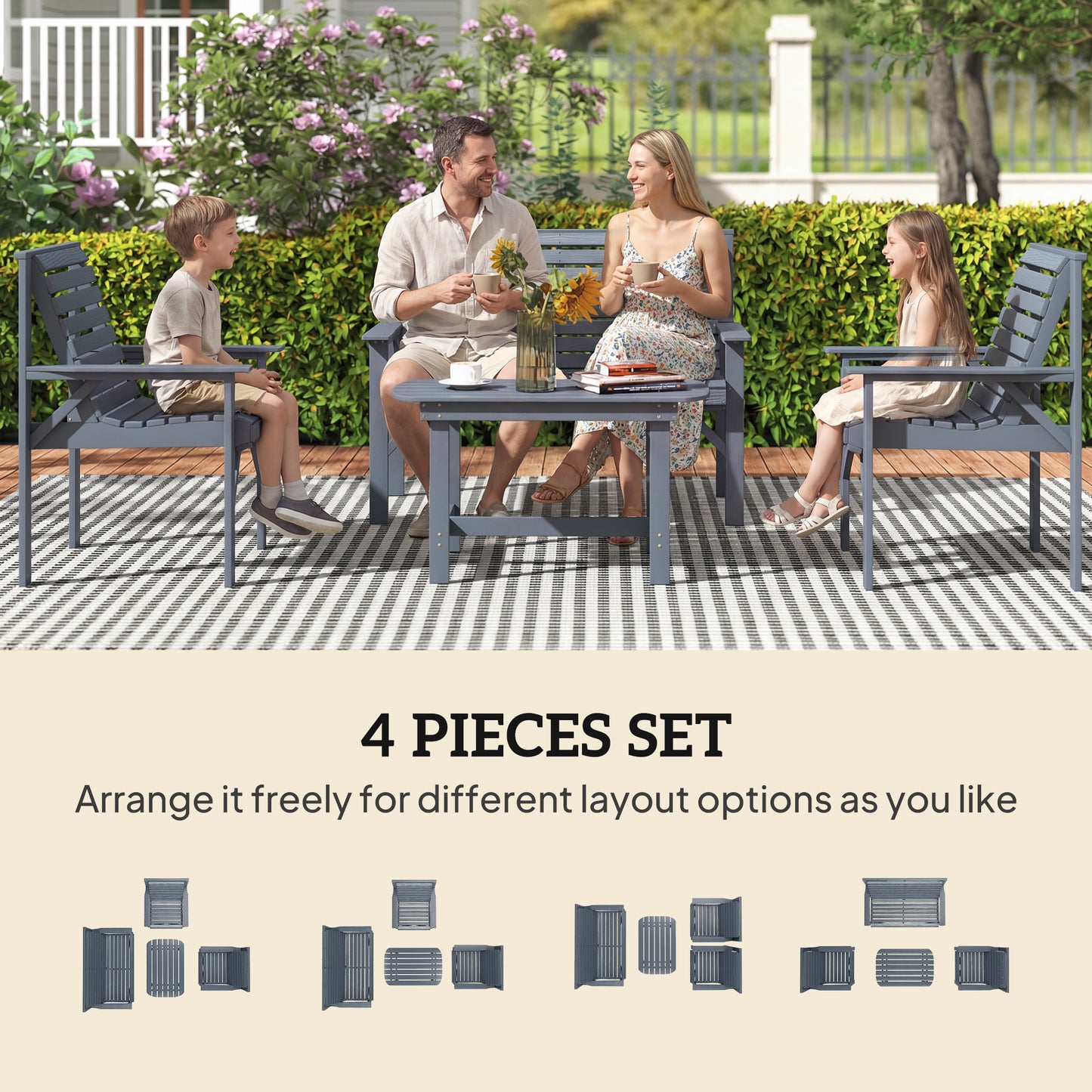 Outsunny 4 Piece Wooden Garden Furniture Set Outdoor Patio Sofa Set With 2 Armchairs Loveseat and Coffee Table Grey
