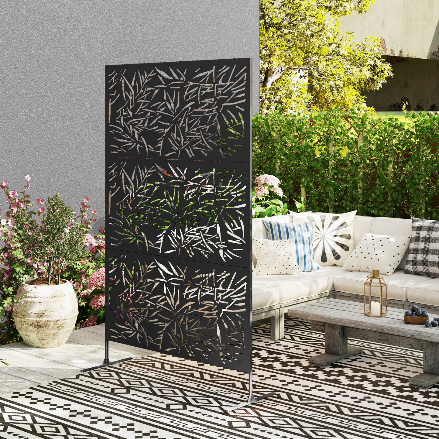 Outsunny 6.5FT Freestanding Garden Privacy Screen With Stand Expansion Screws Bamboo Style Metal Panel Black
