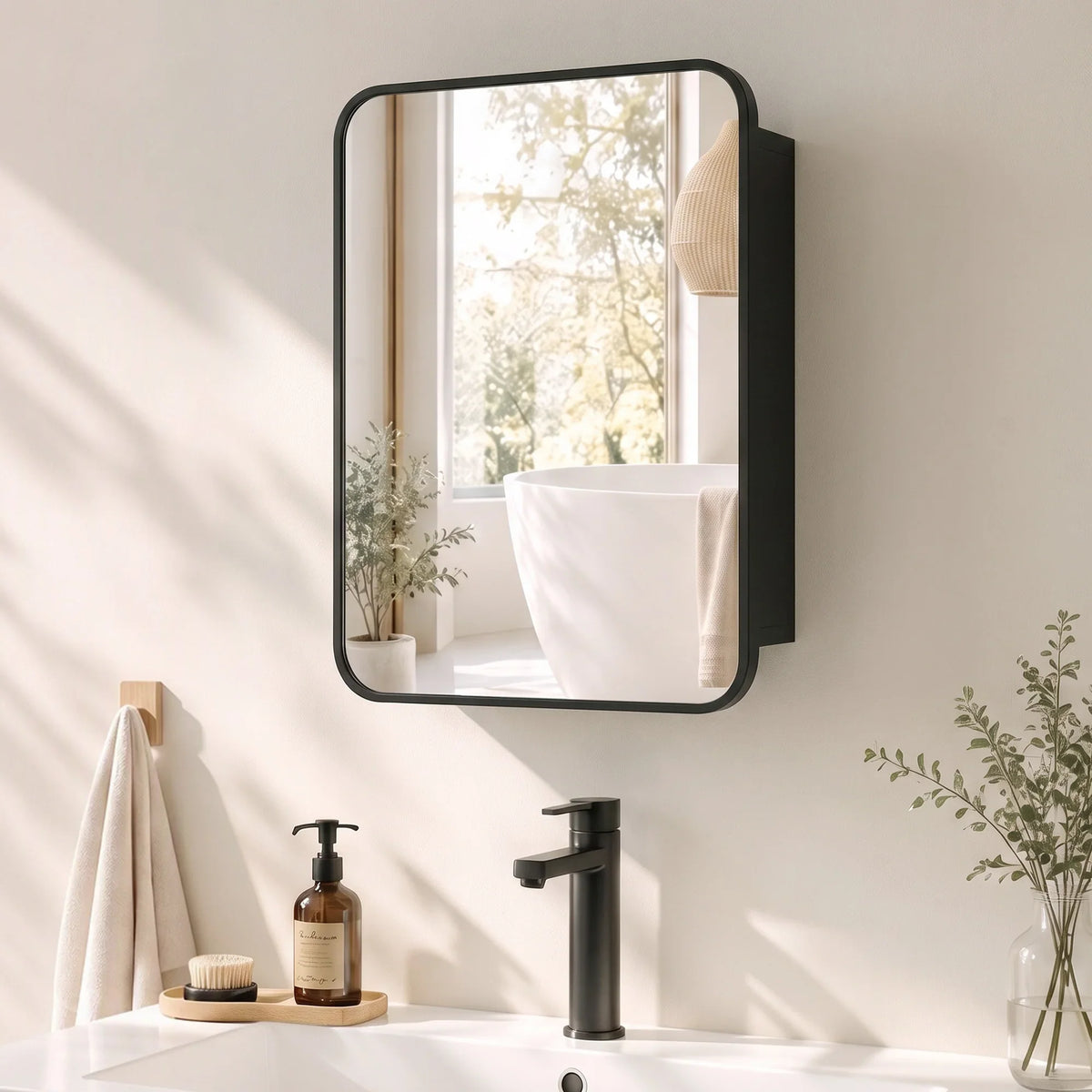 Wall-mounted bathroom medicine cabinet with clear mirror and matte black frame