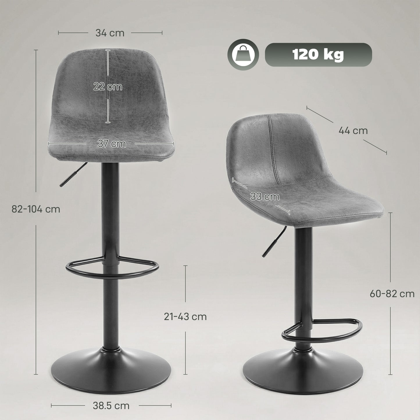 HOMCOM Bar Stools Set Of 2 Modern Swivel Barstools With Footrest Adjustable Height 60 cm To 82 cm For Kitchen Island Grey