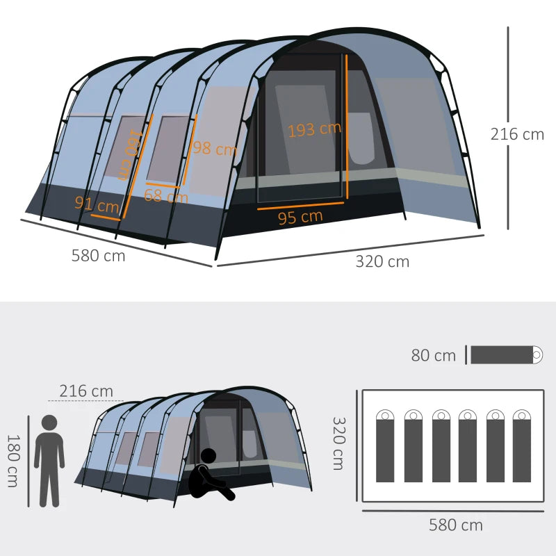 Outsunny 8-Person Camping Tent - Waterproof Family Tent with Tunnel Design, 4 Large Windows, Sleeping Cabins - 3000mm Water Column - Grey - ALL4U RETAILER LTD