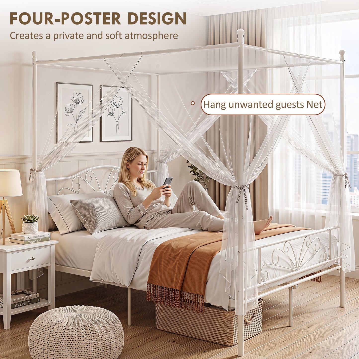 Homcom Double Canopy Bed Frame Metal Platform With Headboard And White