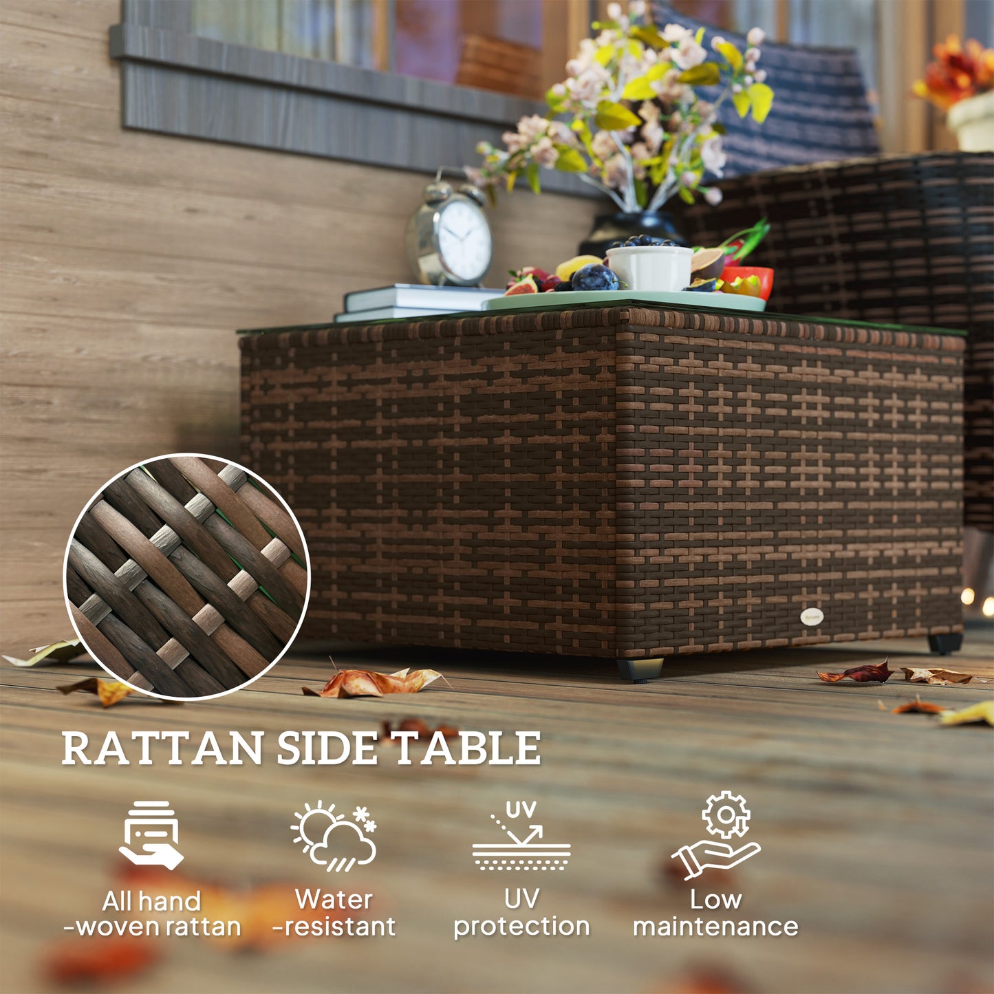 Outsunny 62 By 62 Cm Tempered Glass Top Rattan Side Table Brown Garden Outdoor Furniture