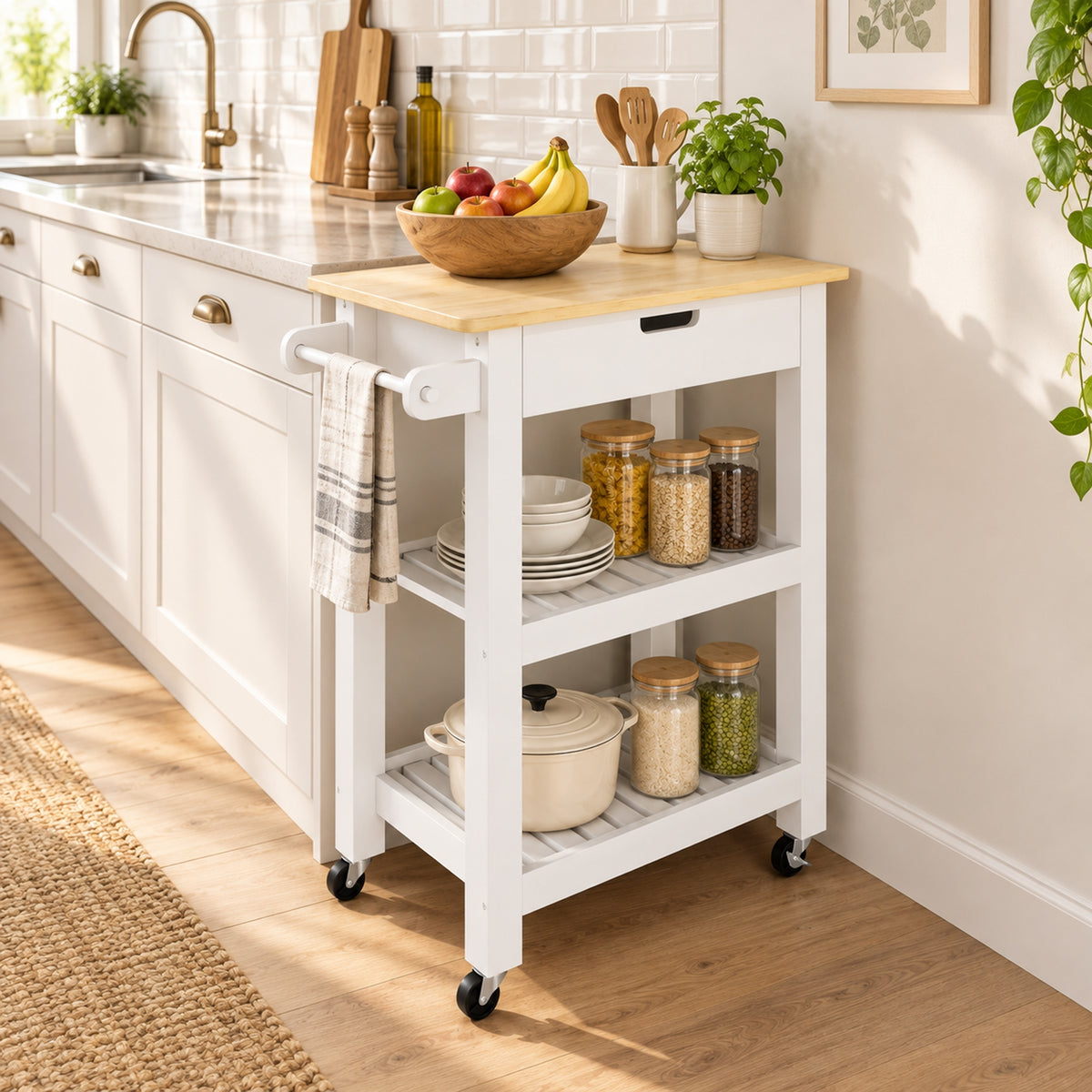 HOMCOM Kitchen Rolling Trolley With Rubberwood Top And Drawer