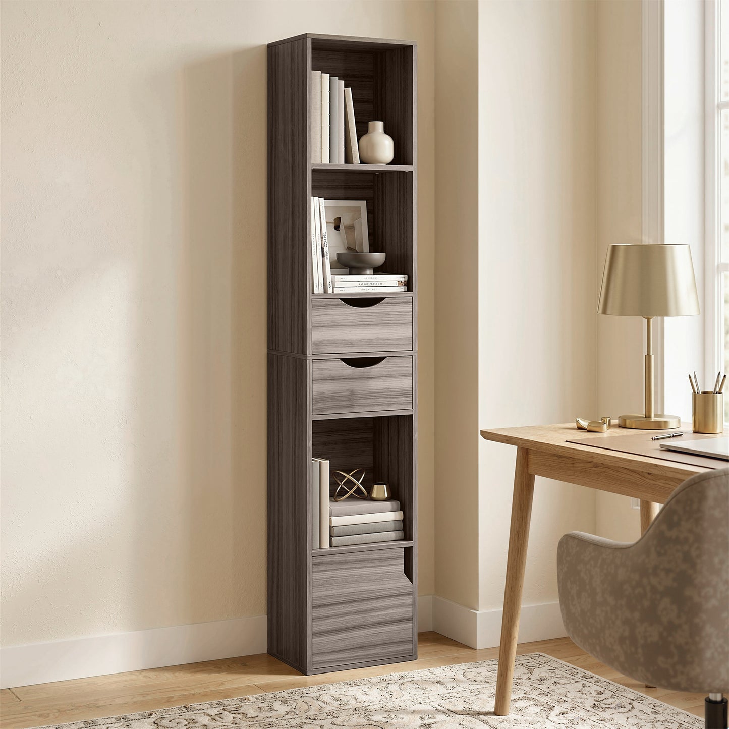 HOMCOM 158 Cm Grey Bookcase With Two Drawers And Cabinet Adjustable Shelves Open Storage For Living Room Or Office