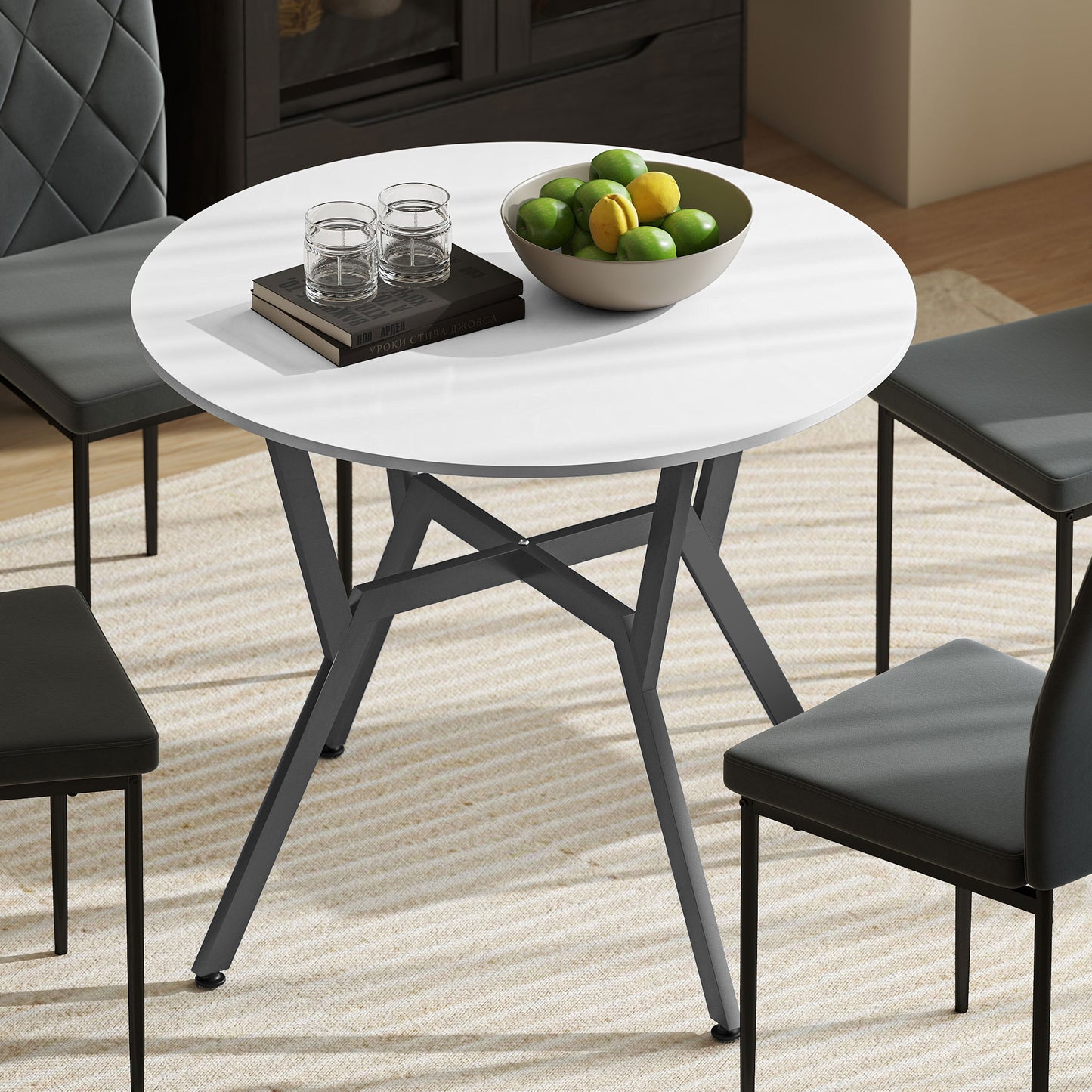 HOMCOM Round Dining Table With Black Metal Legs 90 By 76 cm High Gloss White For Living Room And Dining Room