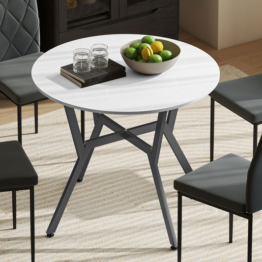 HOMCOM Round Dining Table With Black Metal Legs 90 By 76 cm High Gloss White For Living Room And Dining Room