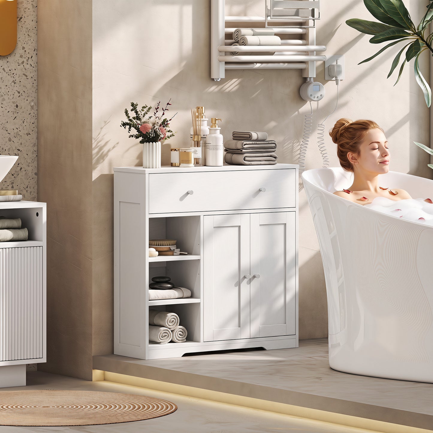 Homcom Freestanding White Bathroom Floor Cabinet With Drawer