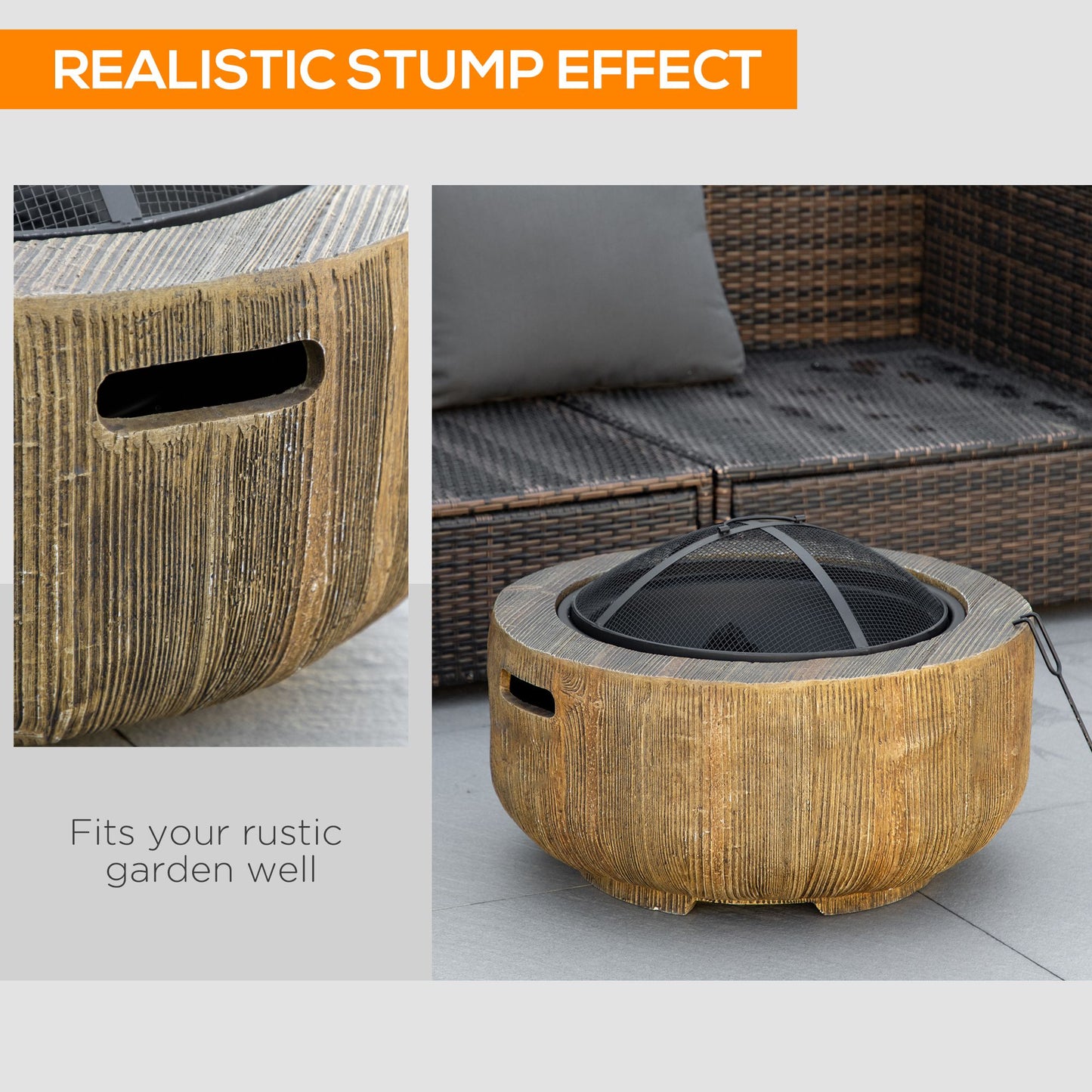 Outsunny Outdoor Fire Pit 61.5 Cm Metal Wood Burning Fireplace With Spark Cover And Poker Woodgrain Design