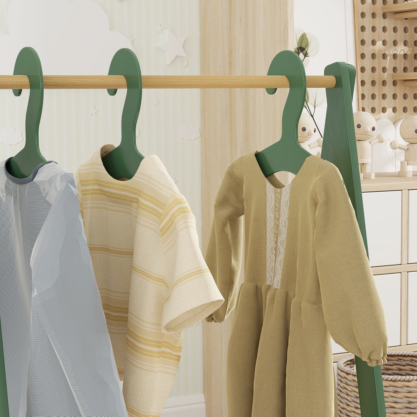 AIYAPLAY Kids Clothes Rail With Three Hangers And Bottom Storage Shelf For Girls And Boys Nursery Bedroom Green
