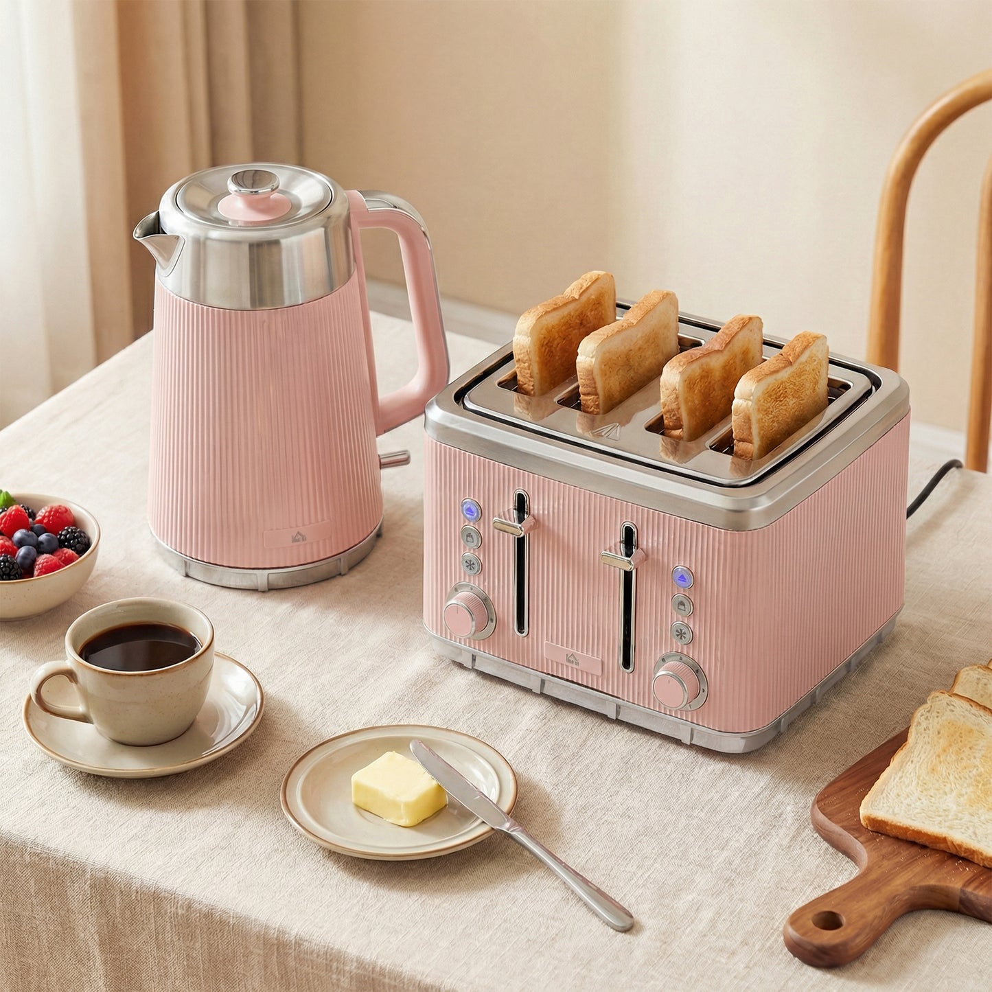 HOMCOM Electric Kettle And Four Slice Toaster Set 3000W 1.7L Pink UK Strix Thermostat Auto Shut Off