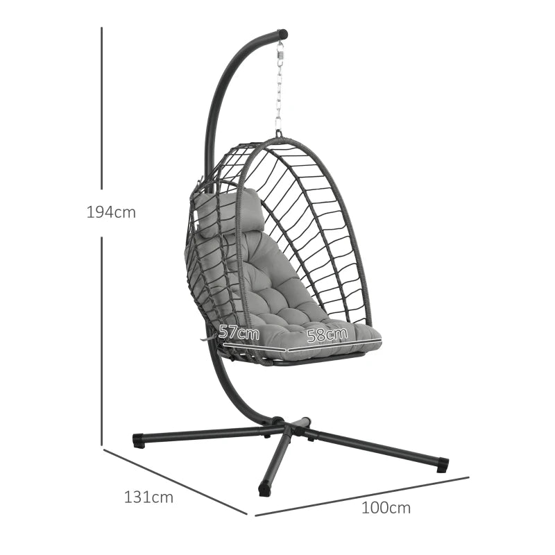 Outsunny Outdoor PE Rattan Swing Chair with Cushion, Garden Foldable Basket Patio Hanging Egg Chair with Metal Stand and Headrest, for Indoor and Outdoor Use - Light Grey - ALL4U RETAILER LTD