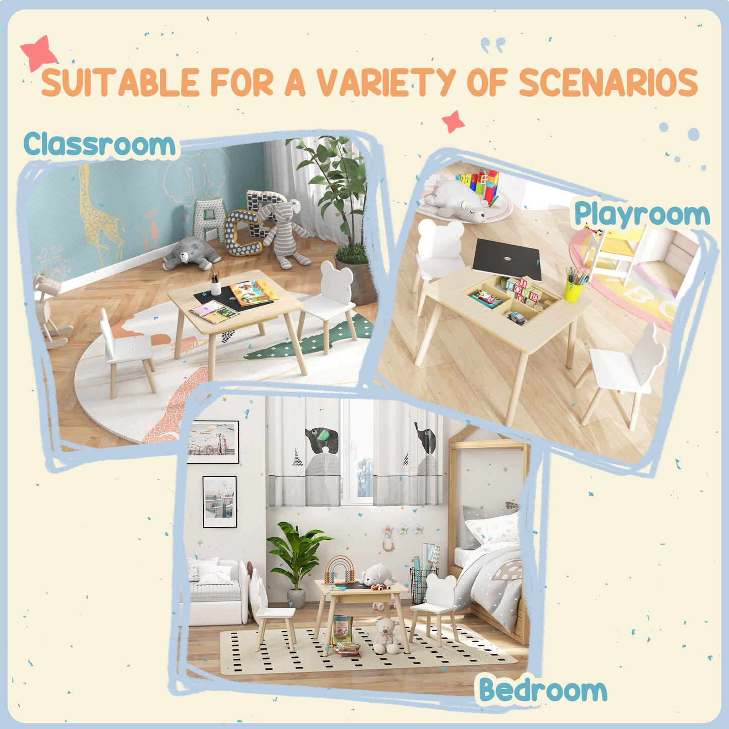 AIYAPLAY 3 Piece Kids Table And Chairs Set With Convertible Desk And Storage Grid For Nursery And Playroom