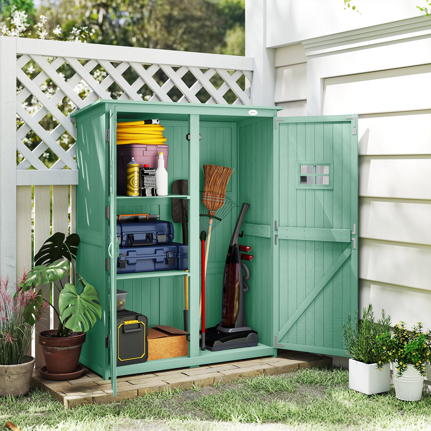 Outsunny Wooden Garden Shed With Two Windows And Double Doors Outdoor Tool Storage Cabinet Green