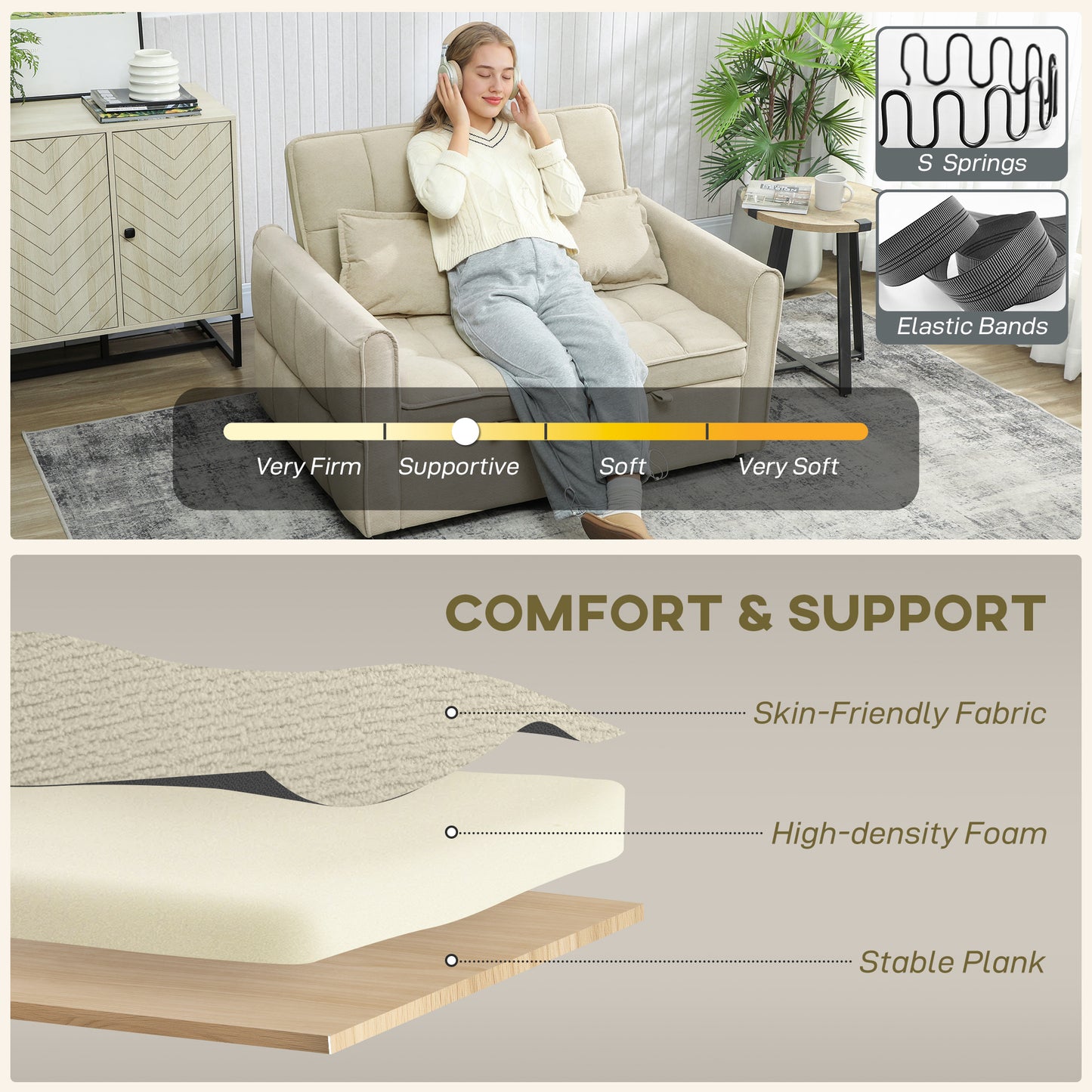 HOMCOM 2 Seater Sofa Bed 3 In 1 Convertible Sleeper Sofa With Click Clack Adjustable Backrest And 2 Pillows Light Brown