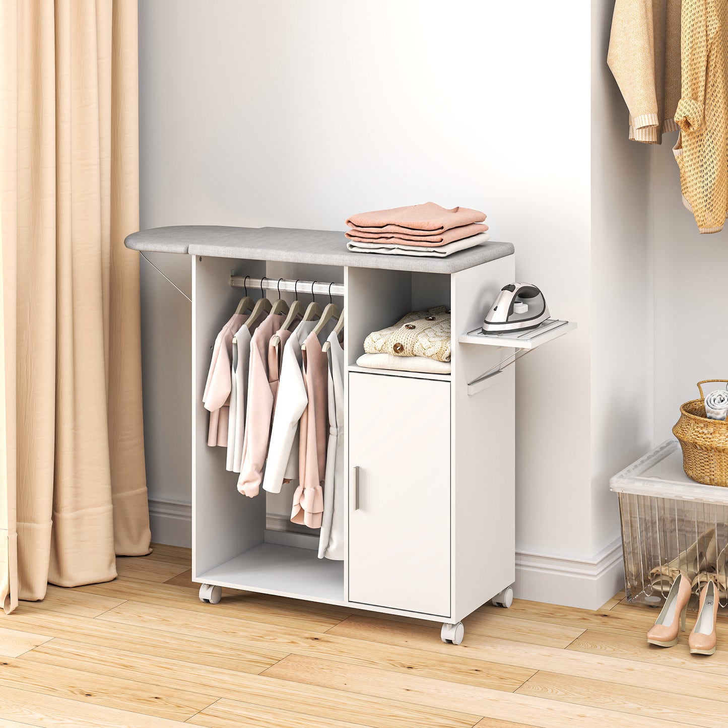 HOMCOM Rolling Ironing Board Cabinet With Foldable Top And Storage Wheeled Ironing Station For Home Laundry White