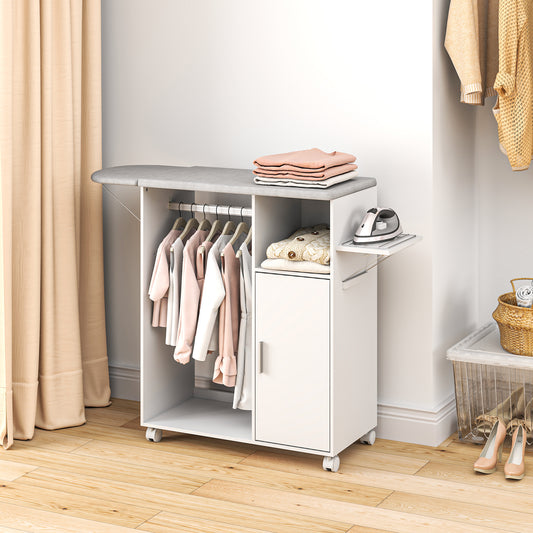 HOMCOM Rolling Ironing Board Cabinet With Foldable Top And Storage Wheeled Ironing Station For Home Laundry White