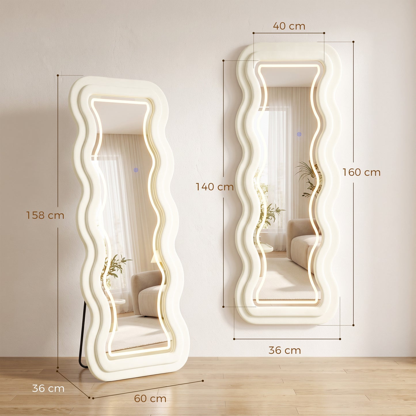 HOMCOM Full Length Mirror With Wavy Velvet Frame Led Light Strip Cream White