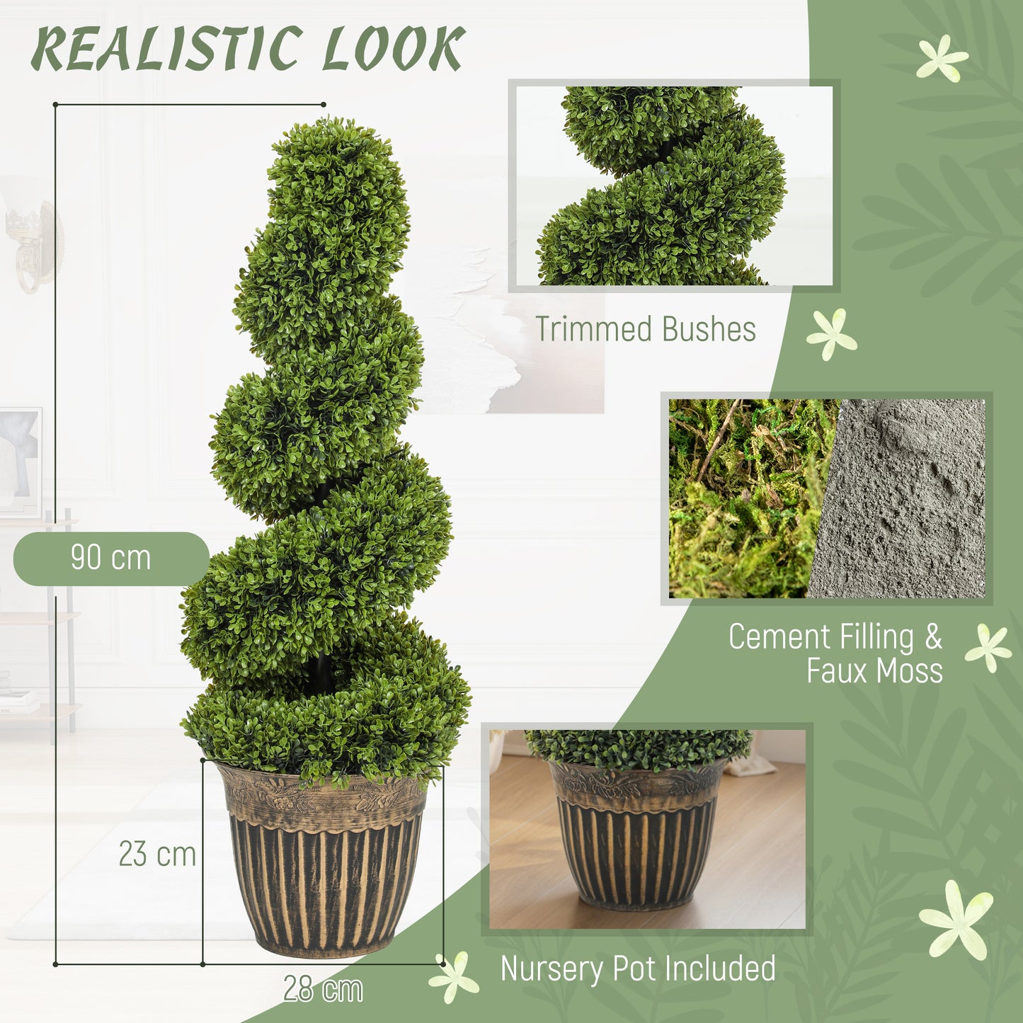 Homcom Set Of 2 Artificial Topiary Spiral Boxwood Trees With Pots For Home Indoor Outdoor Decor 90cm