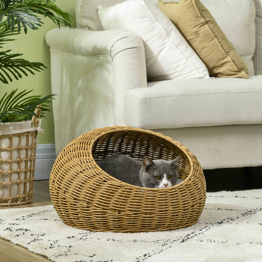 PawHut Wicker Cat Bed with Washable Cushion for Indoor Use, Light Brown - ALL4U RETAILER LTD