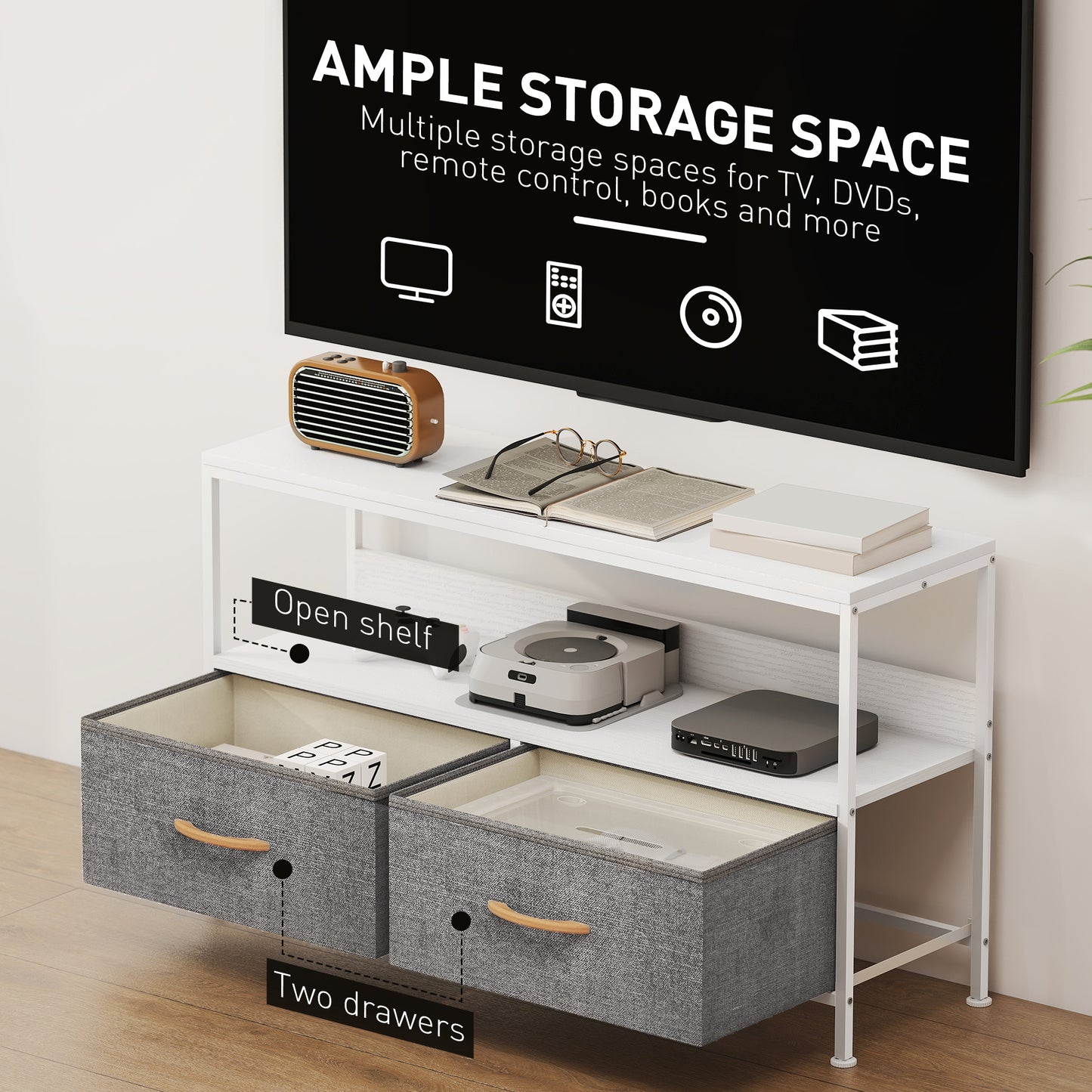 HOMCOM TV Stand Cabinet With 2 Foldable Drawers White Two Tone Finish Fits Up To 47 Inch TV