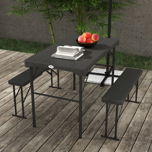 Outsunny Folding Picnic Table with 2 Benches 3 Piece Outdoor Dining Set for 4 Plastic Top Steel Frame Dark Grey