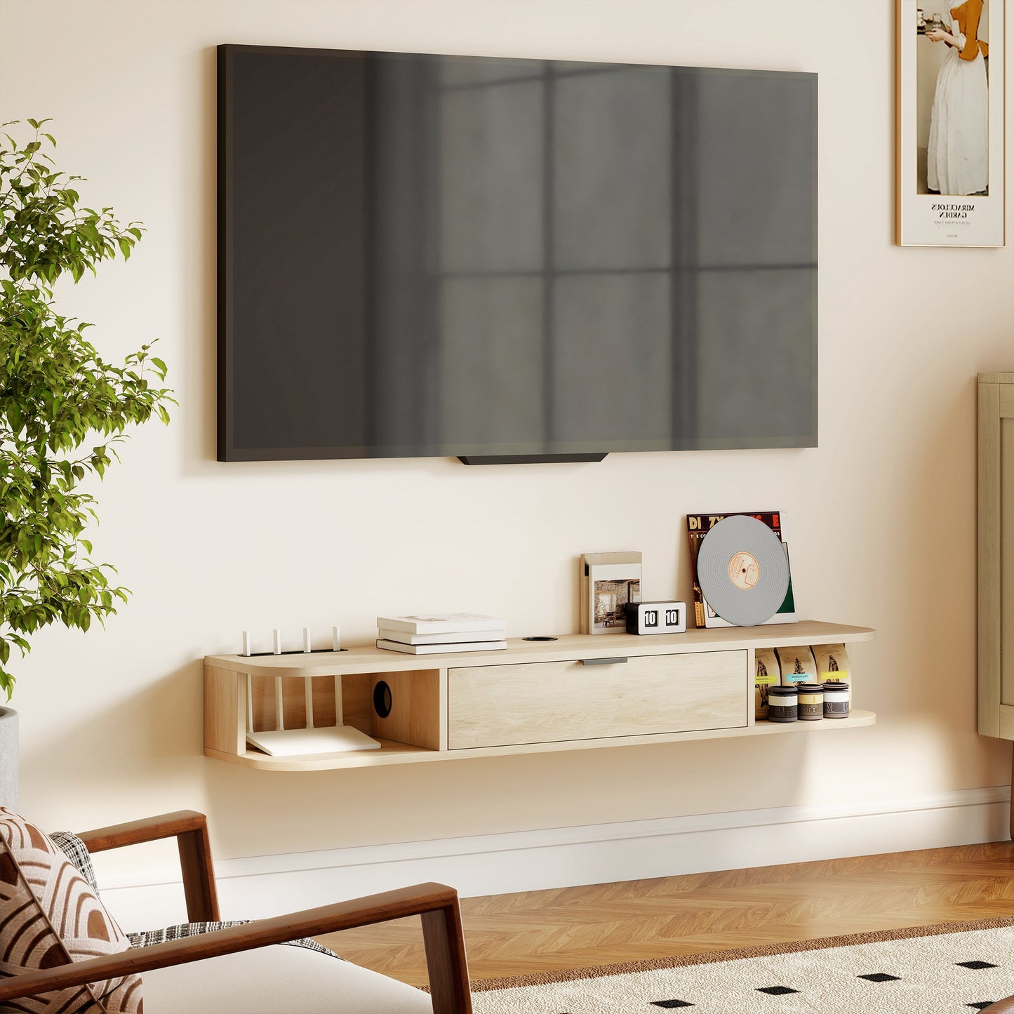HOMCOM 120 Cm Floating TV Unit Wall Mounted For TVs Up To 50 Inch Natural Finish With Concealed Cables And Drawer