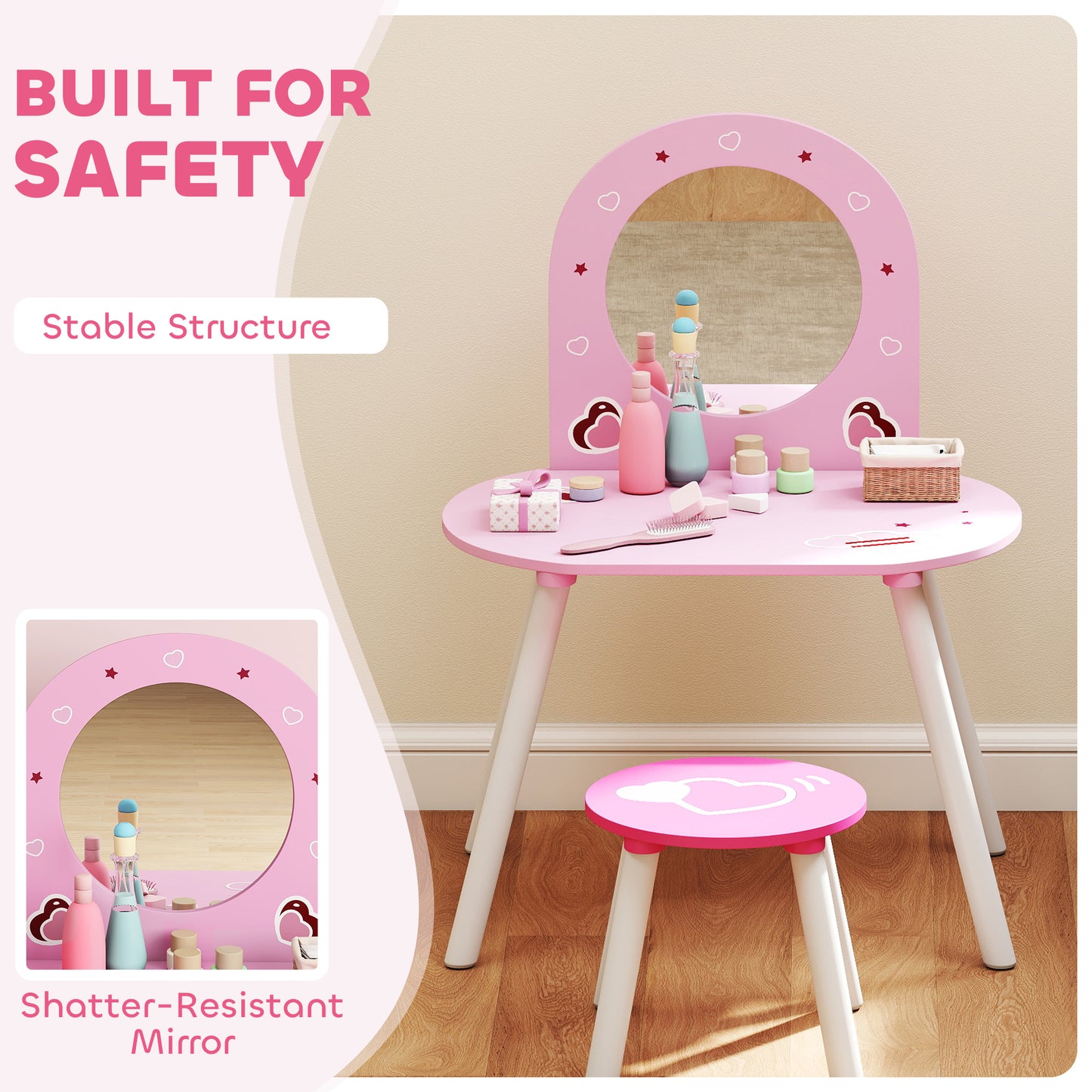 AIYAPLAY Kids Dressing Table With Mirror And Stool Vanity Set For Girls Ages 3 To 6 Pink